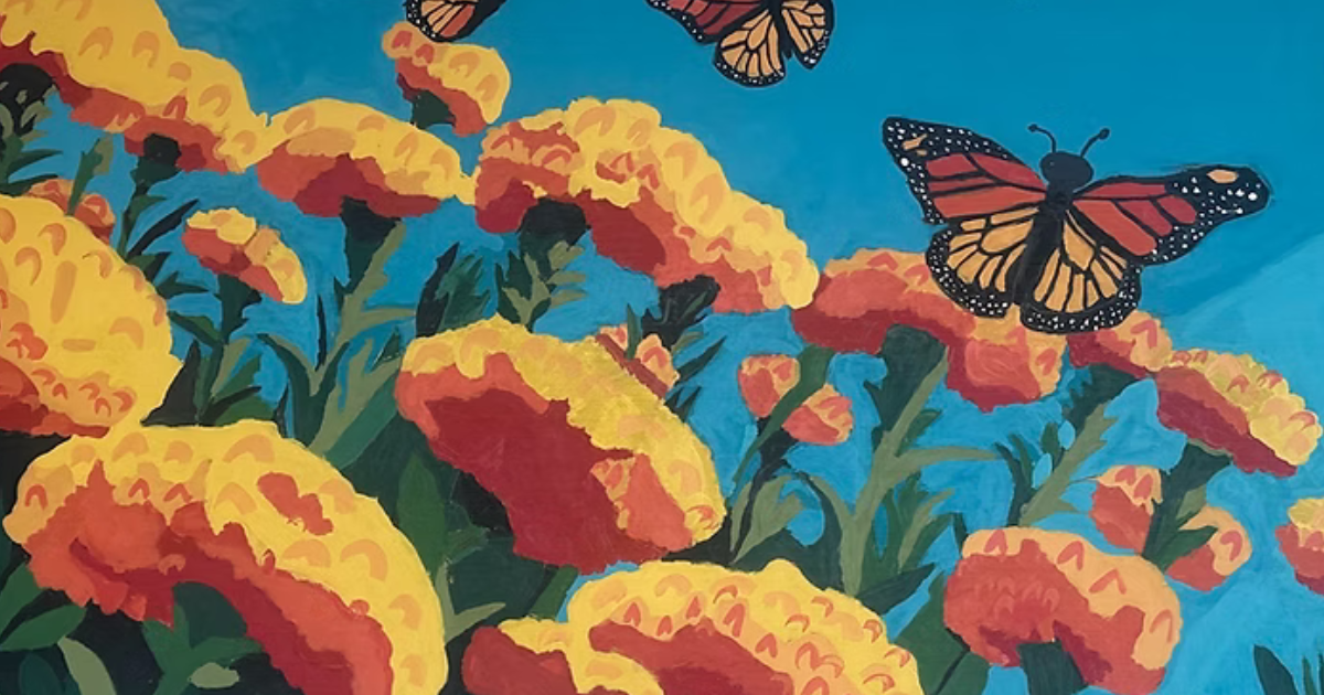 Mural of monarchs and marigolds by Sarah Swoffer