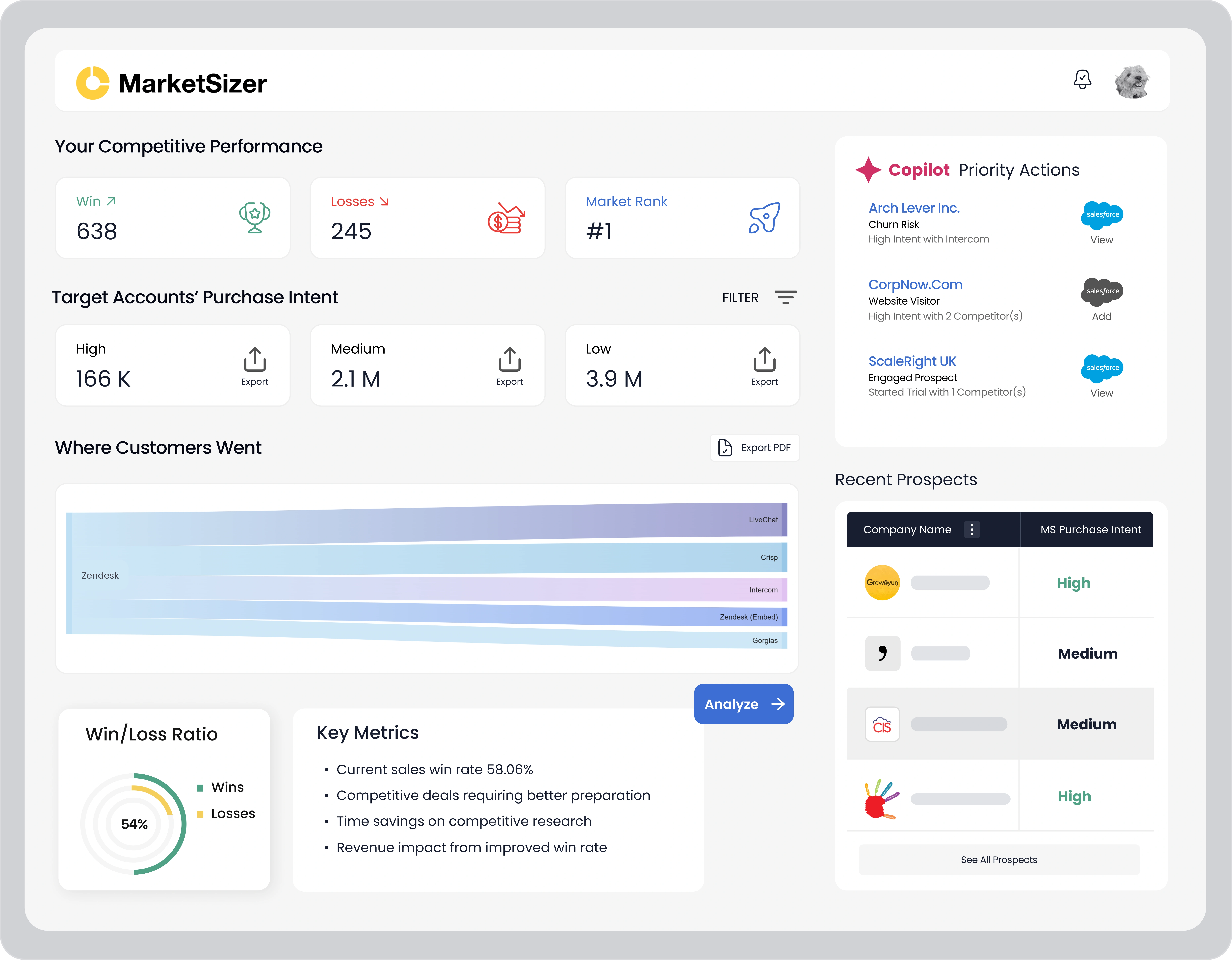 MarketSizer GTM dashboard visual showing churn risk, competitor trial detection, and renewal insights across B2B SaaS accounts. Includes segmented intent data, lifecycle stages (New, Developing, Established, Loyal), and vendor comparisons (Zendesk, Intercom, Gorgias). Used by SaaS sales, marketing, and customer success teams to prioritise high-intent accounts and reduce churn. Ideal for GTM intelligence, customer retention analytics, and CRM enrichment workflows.