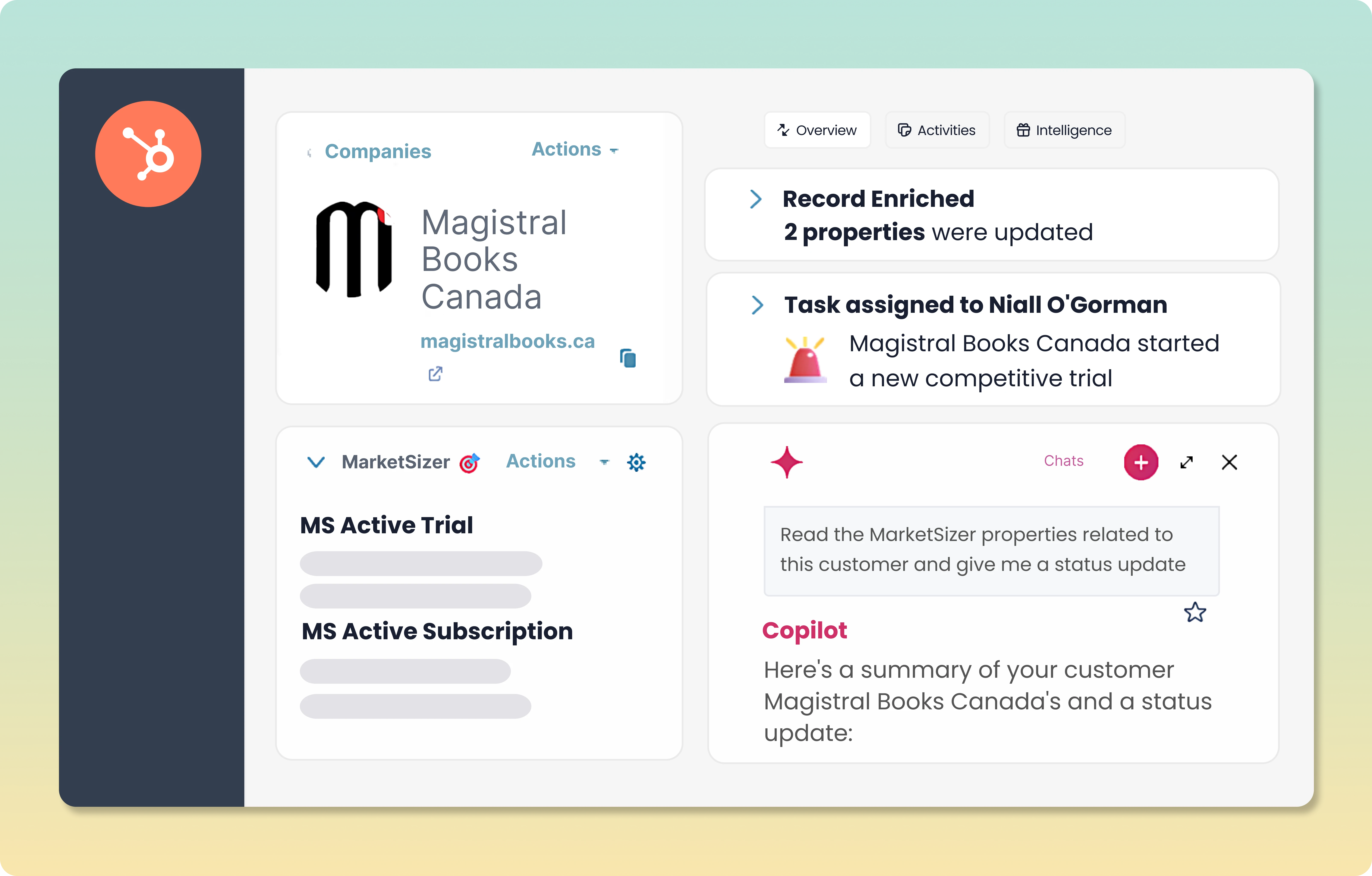 MarketSizer integrated with HubSpot showing enriched CRM data, competitive trial detection, and Copilot’s AI-generated customer summary for Magistral Books Canada. Highlights include active trial and subscription signals, task assignment for churn risk, and AI chat summarisation. Built for B2B SaaS teams in North America to proactively manage renewals and GTM outreach.

