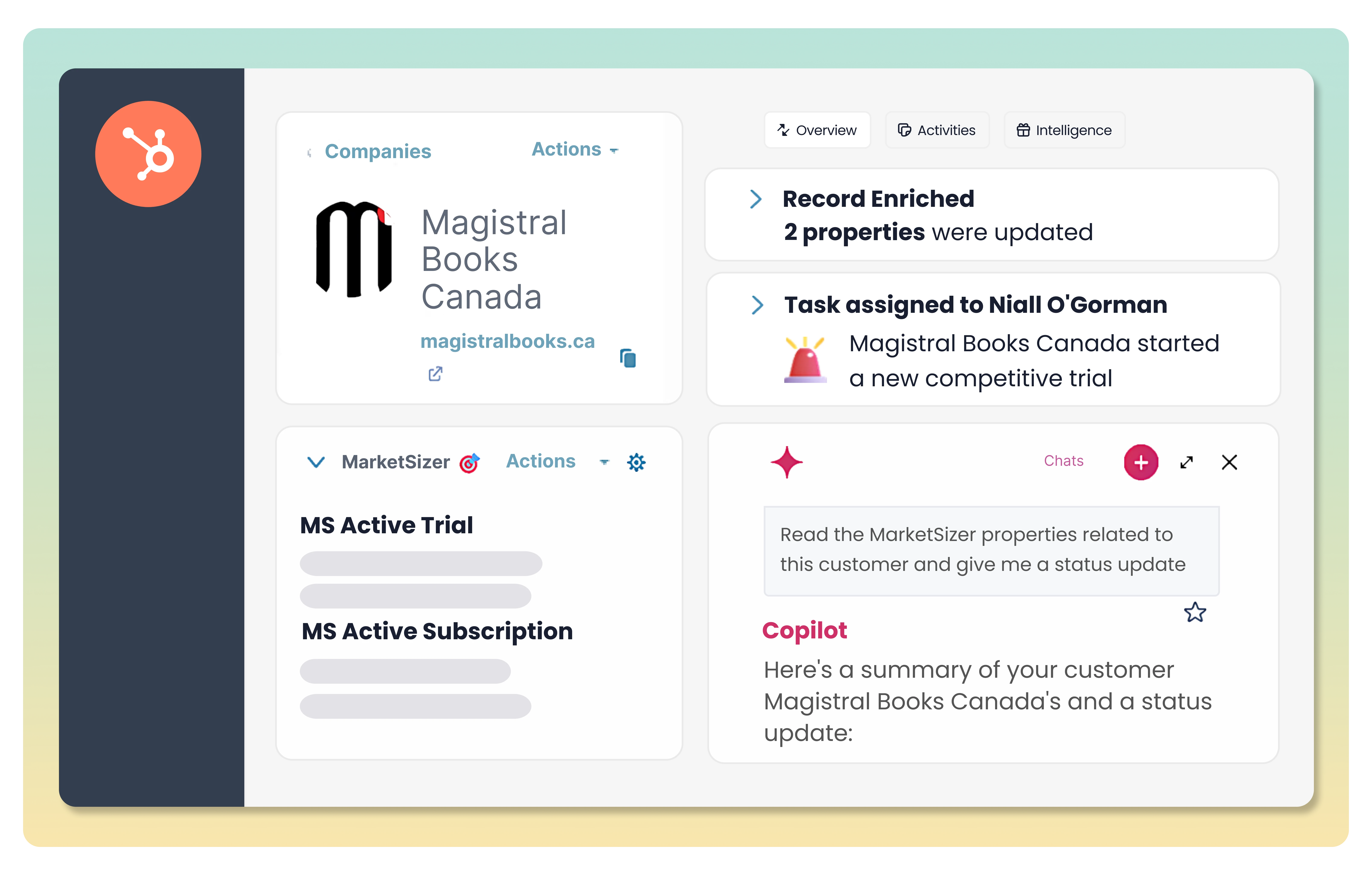 MarketSizer Copilot integration with HubSpot displaying enriched CRM data and competitive trial detection for Magistral Books Canada. Shows updated company records, assigned task for competitive trial monitoring, active trial and subscription status, and AI-generated customer summary. Designed for B2B SaaS GTM teams in North America to track account health, competitive activity, and renewal opportunities.

