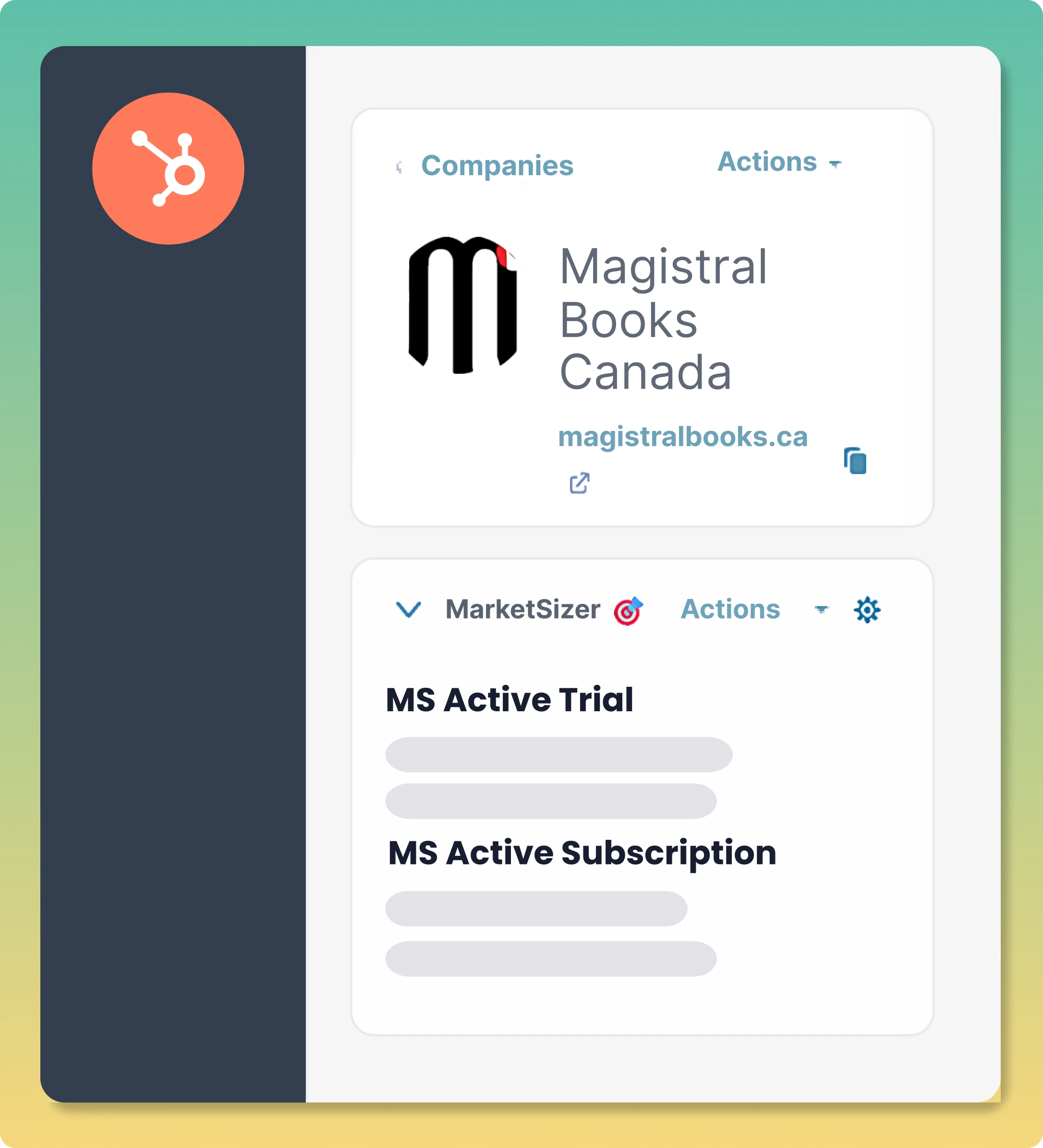MarketSizer integration with HubSpot displaying Magistral Books Canada’s company profile, including website, active trial, and active subscription details. Used by B2B SaaS GTM teams to track account engagement, subscription status, and competitive signals in the Canadian market.

