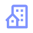 Icon of two buildings, a smaller house with a chimney and a taller apartment building with windows.