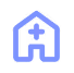 Blue house icon with a medical cross and a heart inside.