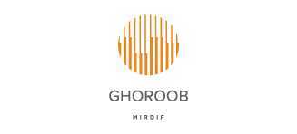 GHOROOB logo with an abstract orange circle made of vertical lines above the company name.