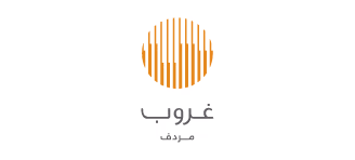 Orange circular logo with vertical white bars and Arabic text below.