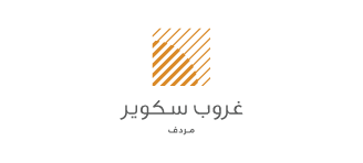 Orange diagonal-striped square logo above Arabic text.