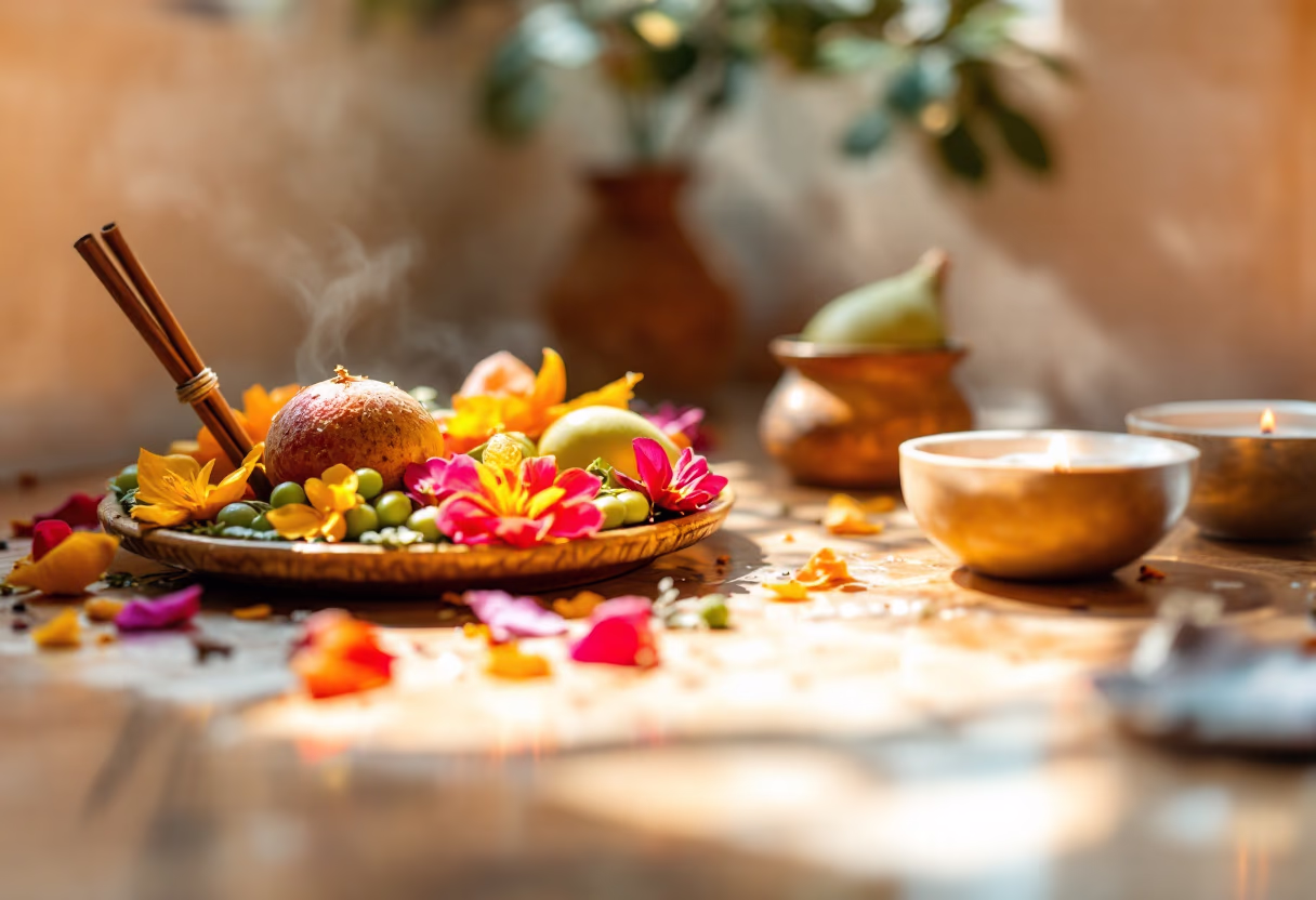image of a traditional hindu thali with offerings for a temple ritual, captured in a natural light photography style