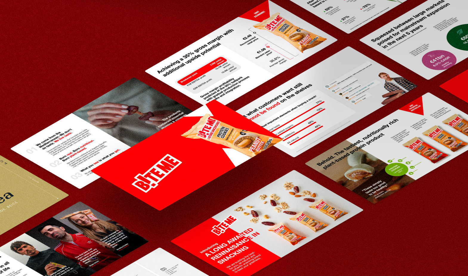Bite Me investor pitch deck showing product, traction, market opportunity, and financial slides