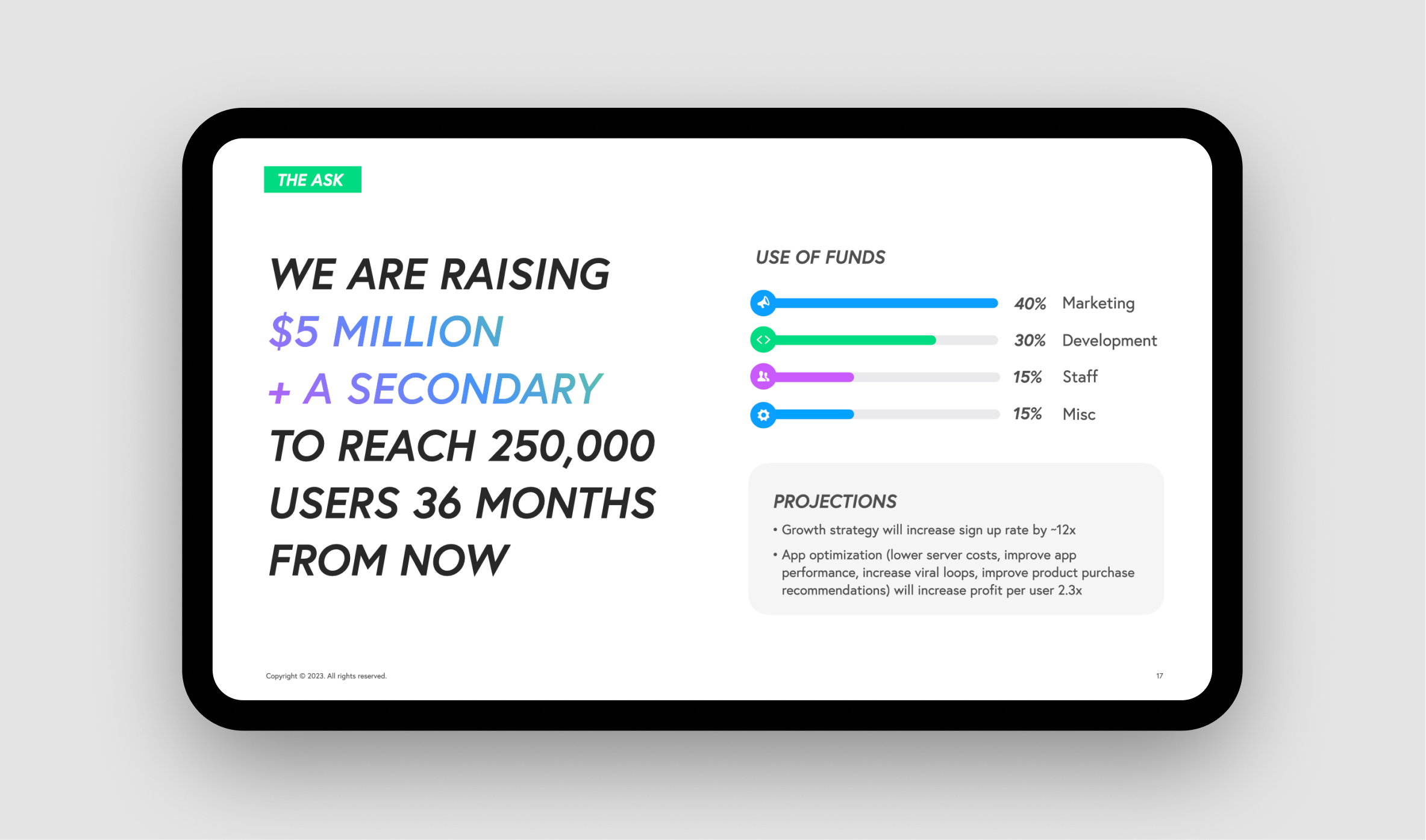 Pitch deck use of funds slide showing a $5M raise, spending allocation, and growth projections.