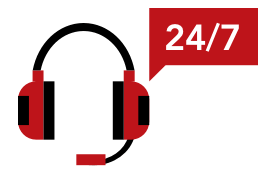 red and black customer service 24/7 support icon
