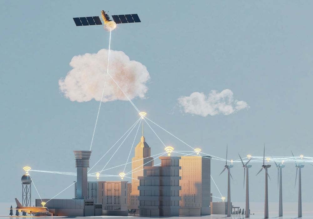 graphic depicting satellite connecting to urban infrastructure in a smart city to show how it all connects