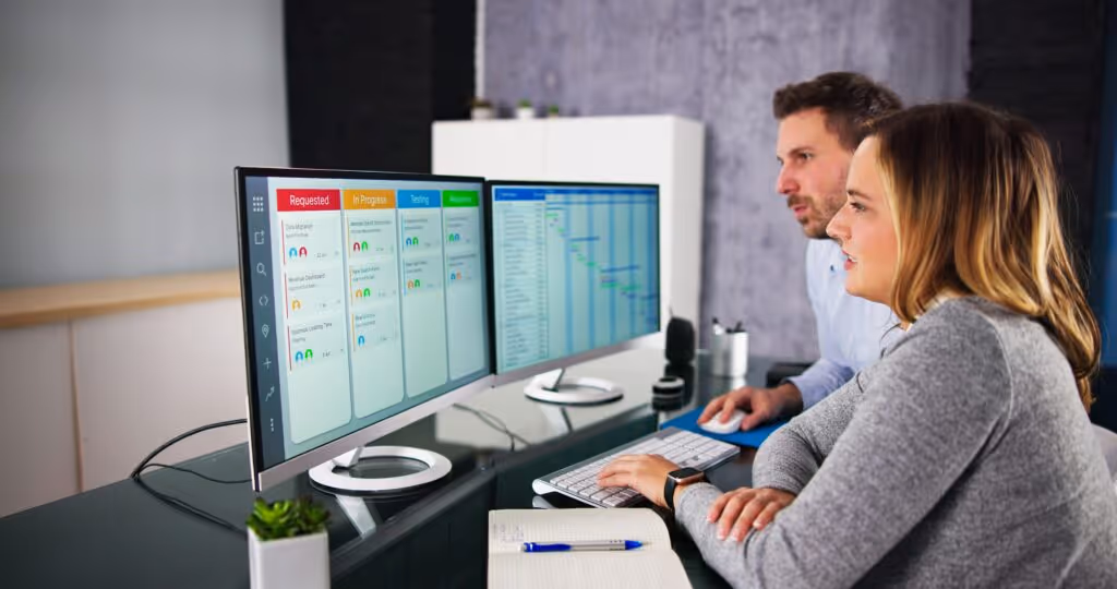 man and woman looking at series of screens for permit licensing software