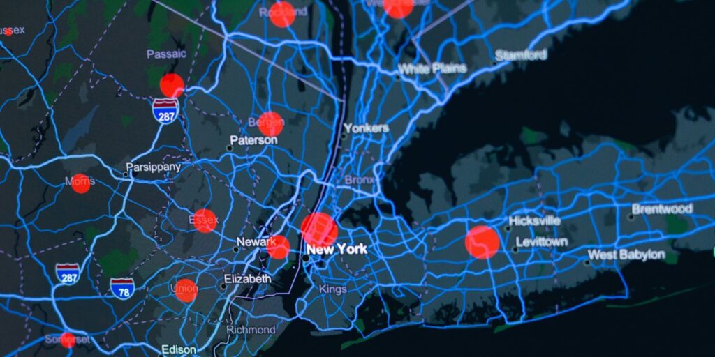 interactive map of new york with pins for specific locations