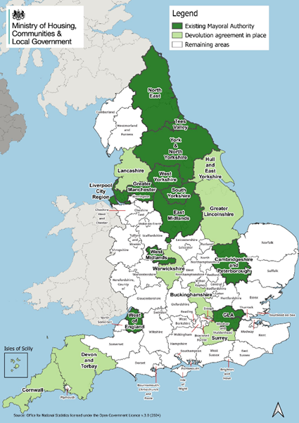 Map of the United kingdom showing mayoral authorities and devolution agreements.