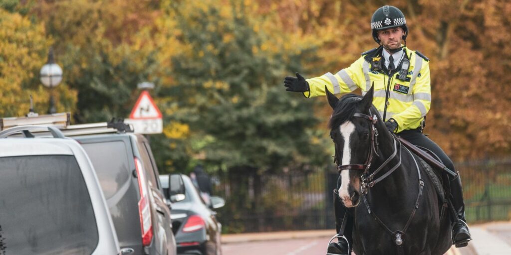 a police officer rides a horse and gestures toward a line of cars