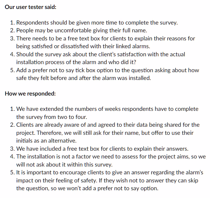 another screenshot showing user feedback and how people respond such as giving more time to complete surveys