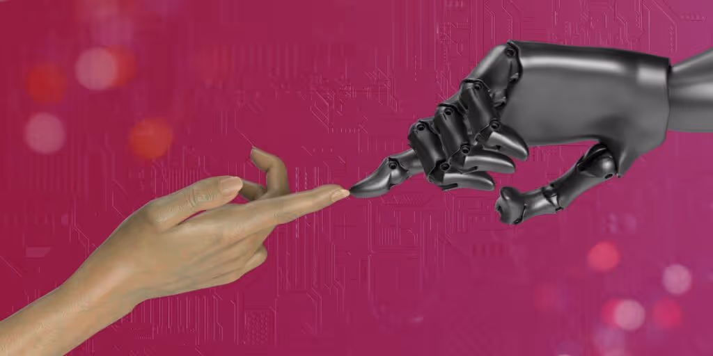 human hand reaching out to robot hand in the style of david and god