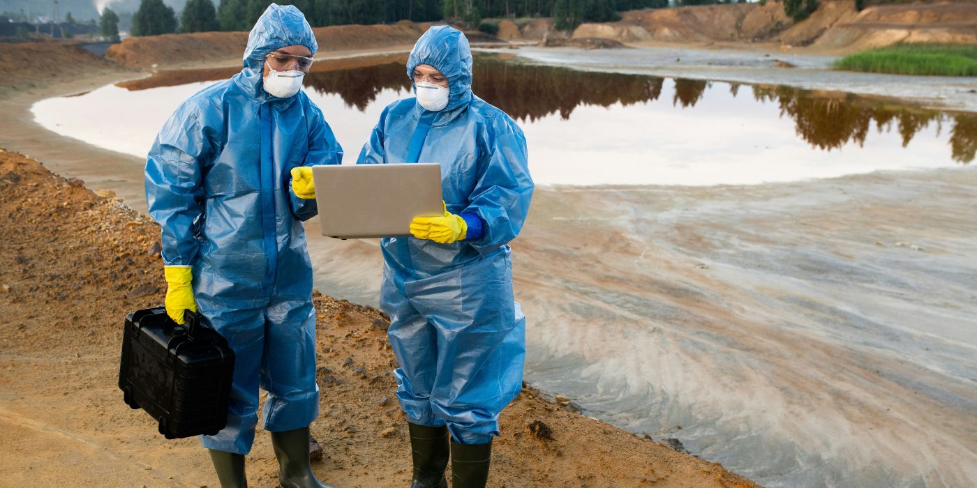men in a blue coverall suit out in the wilderness conducting an enviornmental survey