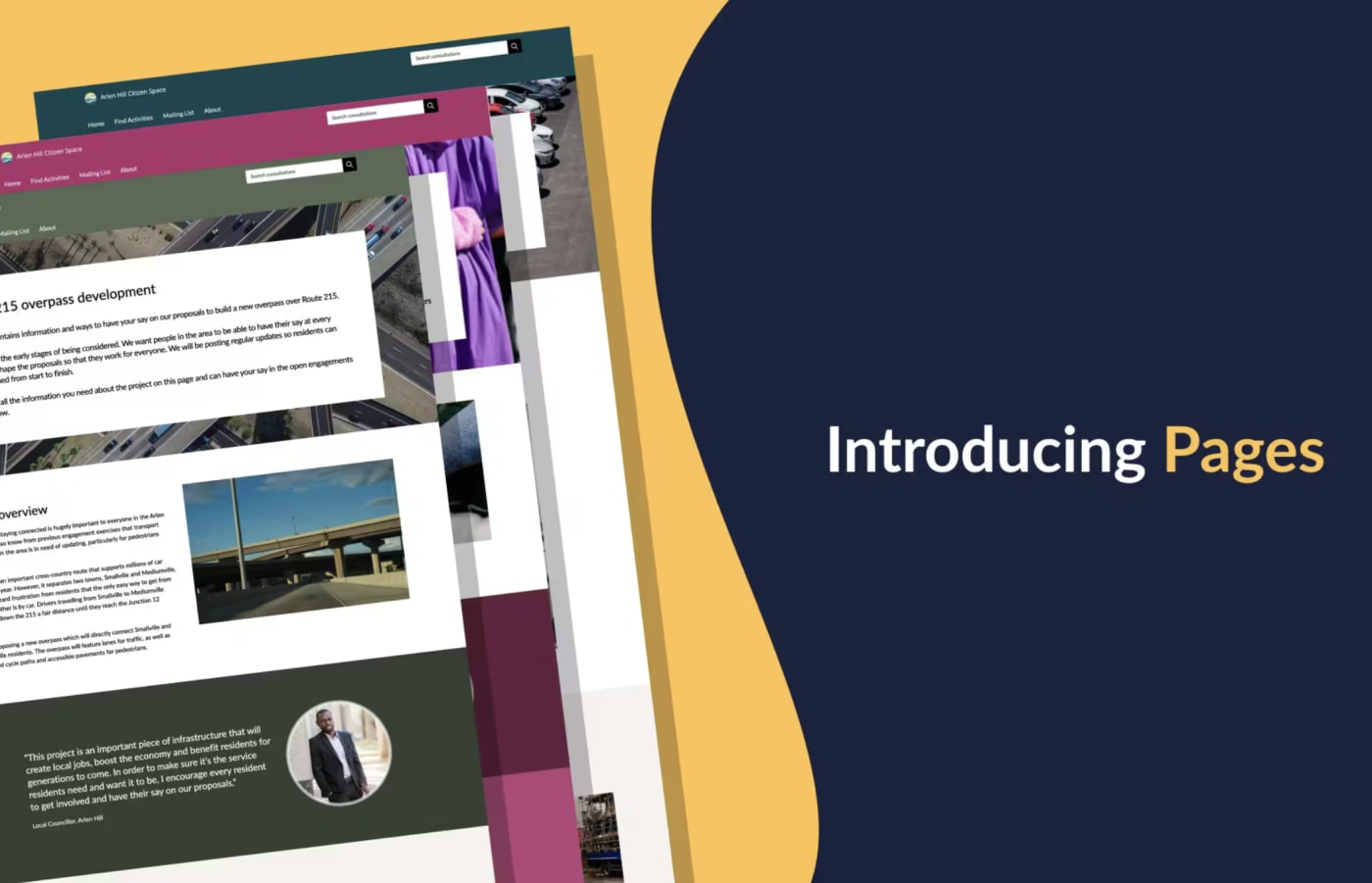 Screenshot showing Delib's logo with 'Introducing pages' in white text