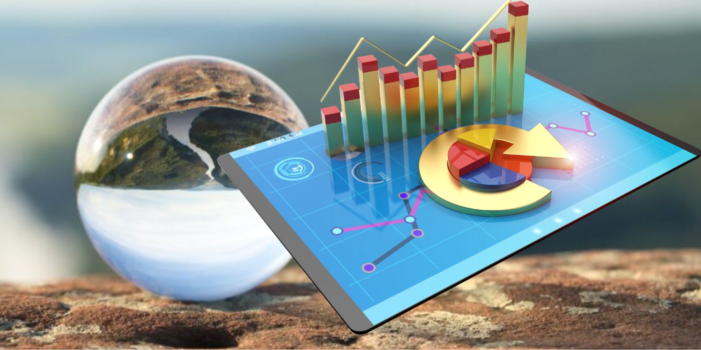 A scenic lens-ball style photo, with a backdrop of a river through a forest on a sunny day inverted in the glass in the foreground.