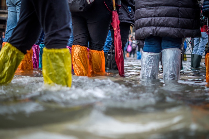 People wearing plastic-covered boots in calf-high water