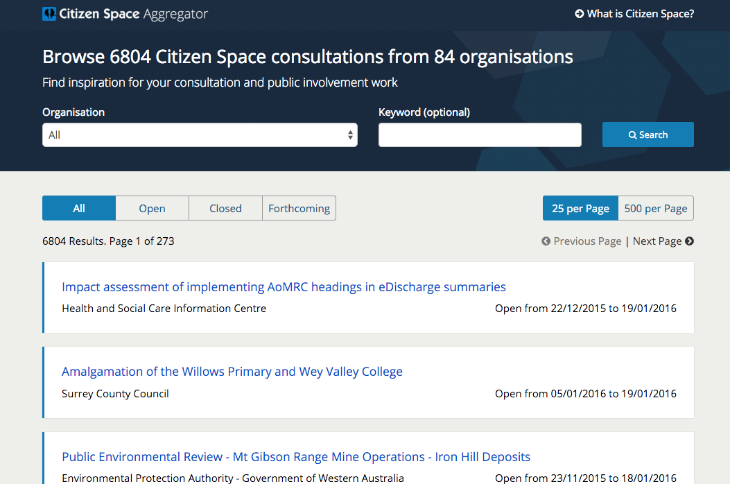 screenshot of citizen space aggregator