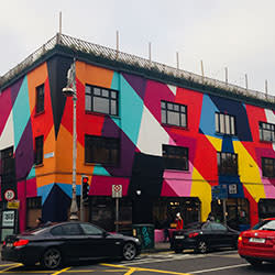 A brightly coloured and painted building