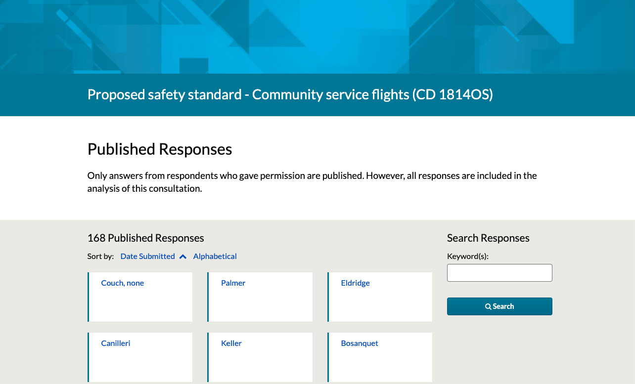 Image showing published responses to the Civil Aviation Safety Authority's Proposed Safety Standard - Community Service Flights consultation within Citizen Space's consultation report platform