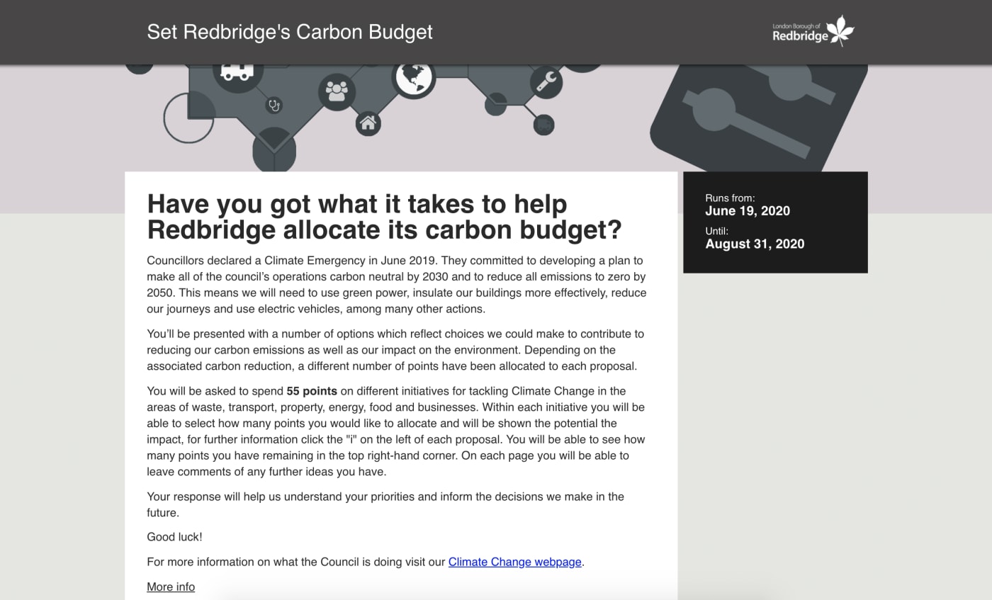 screenshot of the opening page for Redbridge's carbon budget consultation 