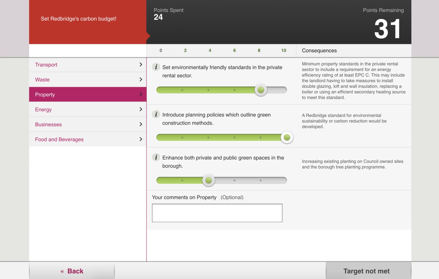 Screenshot of simulator showing how participants can choose importance on a sliding scale for redbridge's carbon budget