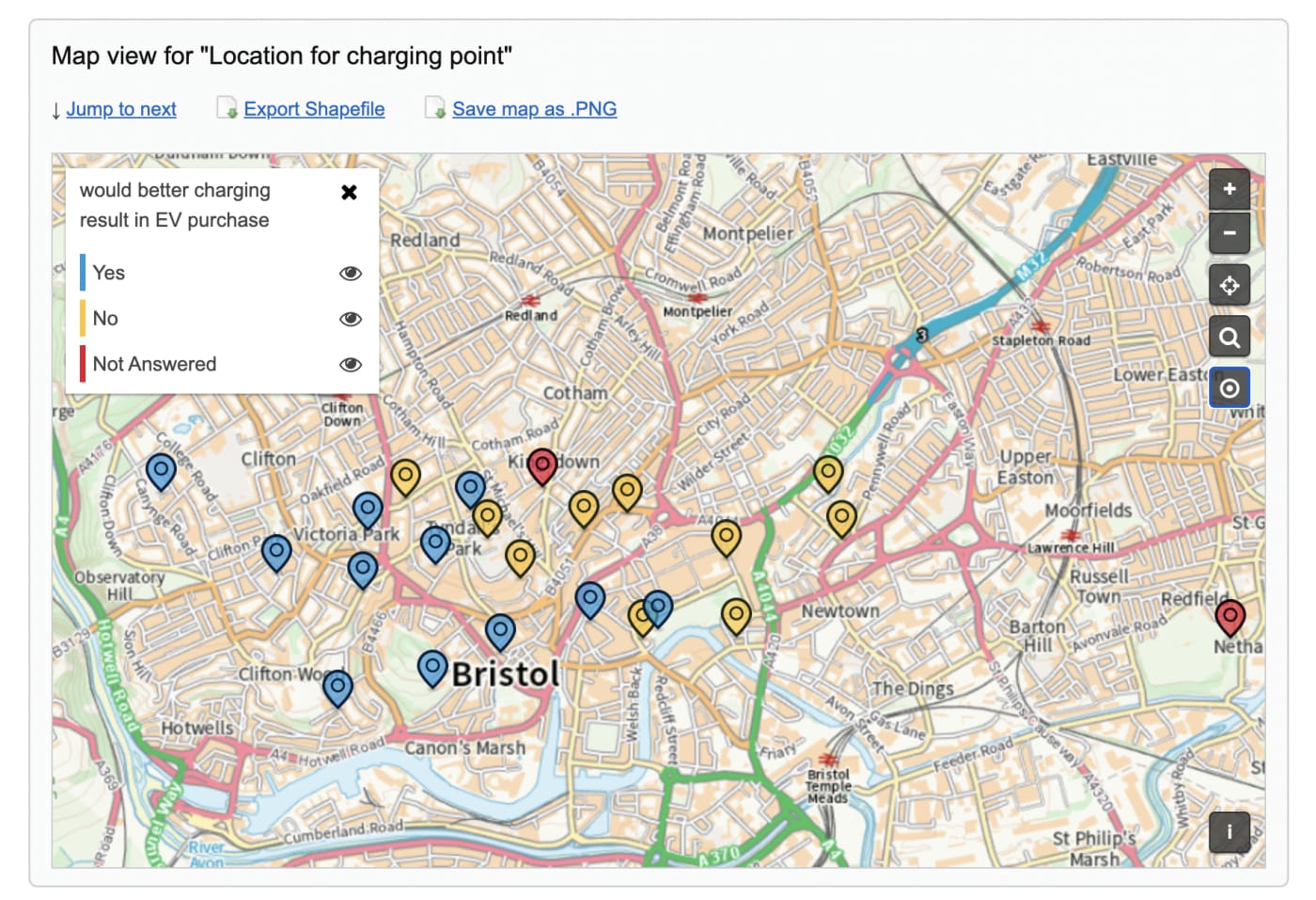 Screenshot of map in Citizen Space that shows the geospatial response data for the locations selected for a charging point with coloured pins that match the quantitative answer options of another question in the survey, in this case if there were better charging points available would the respondent purchase an electric vehicle (EV). The blue pins located on the map indicate the respondent would purchase an EV; the yellow pins are for no, would not purchase; and red pins for respondents who did not answer the EV purchasing question.