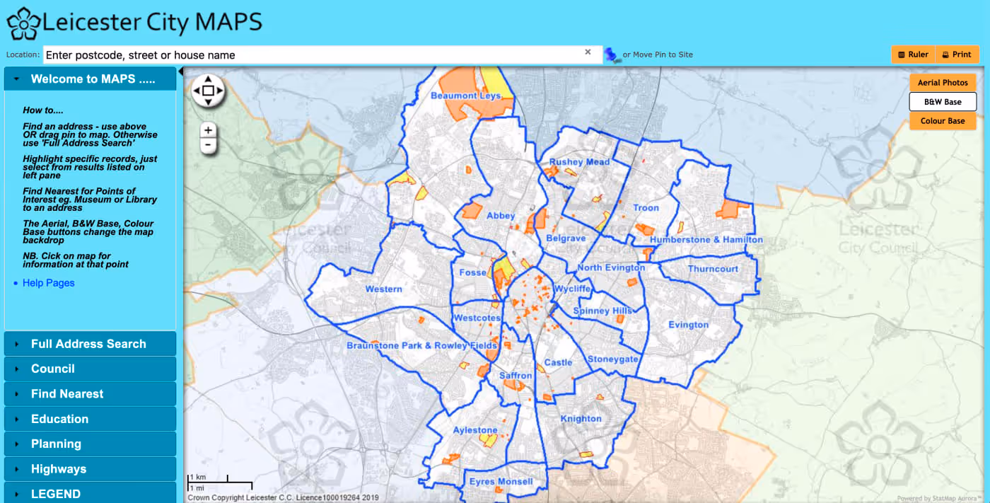 Leicester City Council's SHLAA, hosted on Aurora. Sites are displayed on an interactive map of the city