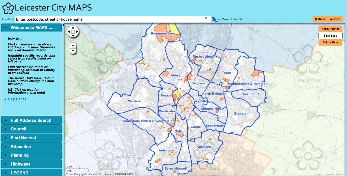 Leicester City Council's SHLAA, hosted on Aurora. Sites are displayed on an interactive map of the city