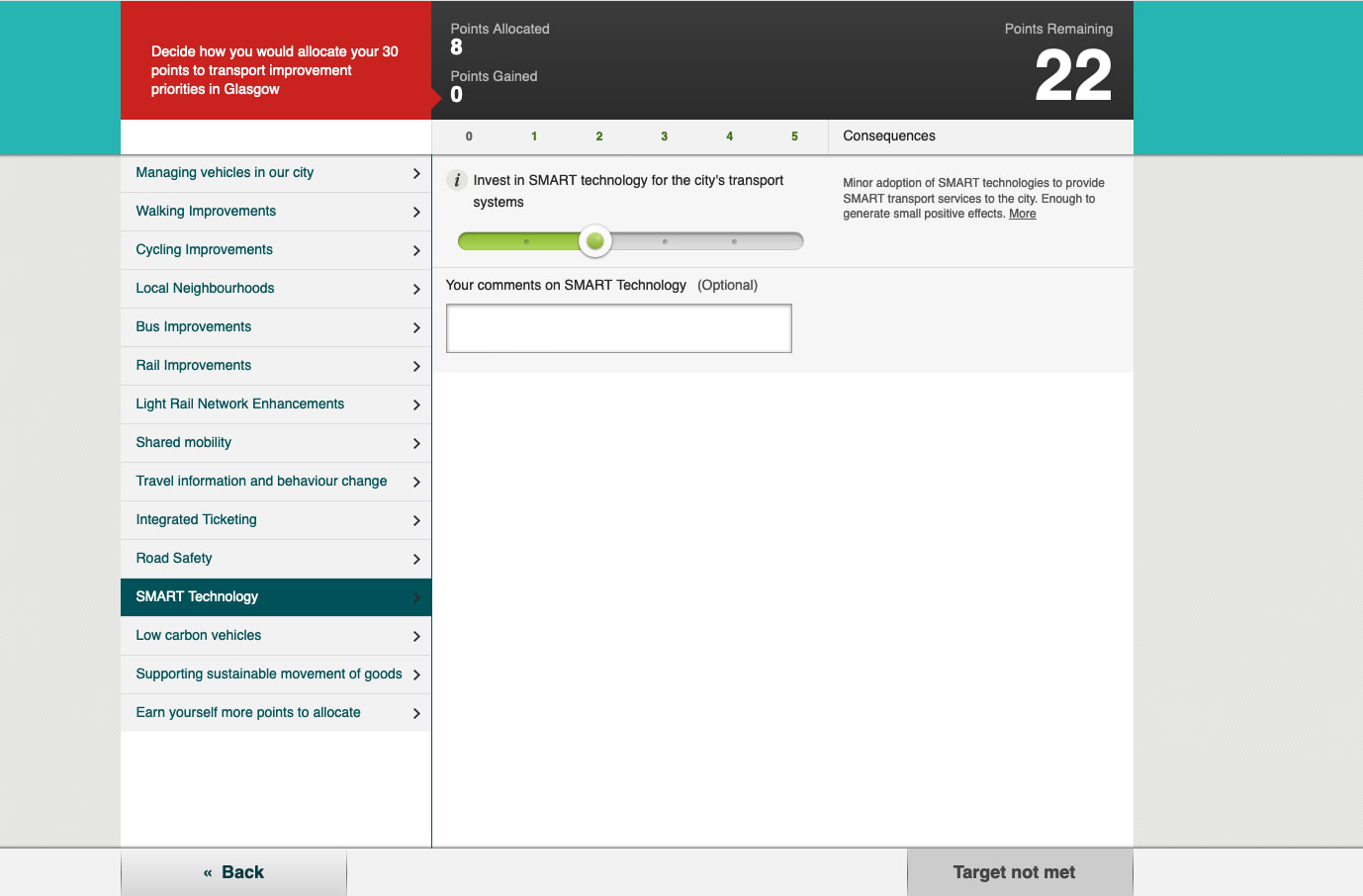 Image of Glasgow City Council's transport Simulator in action, depicting a slider and its consequences