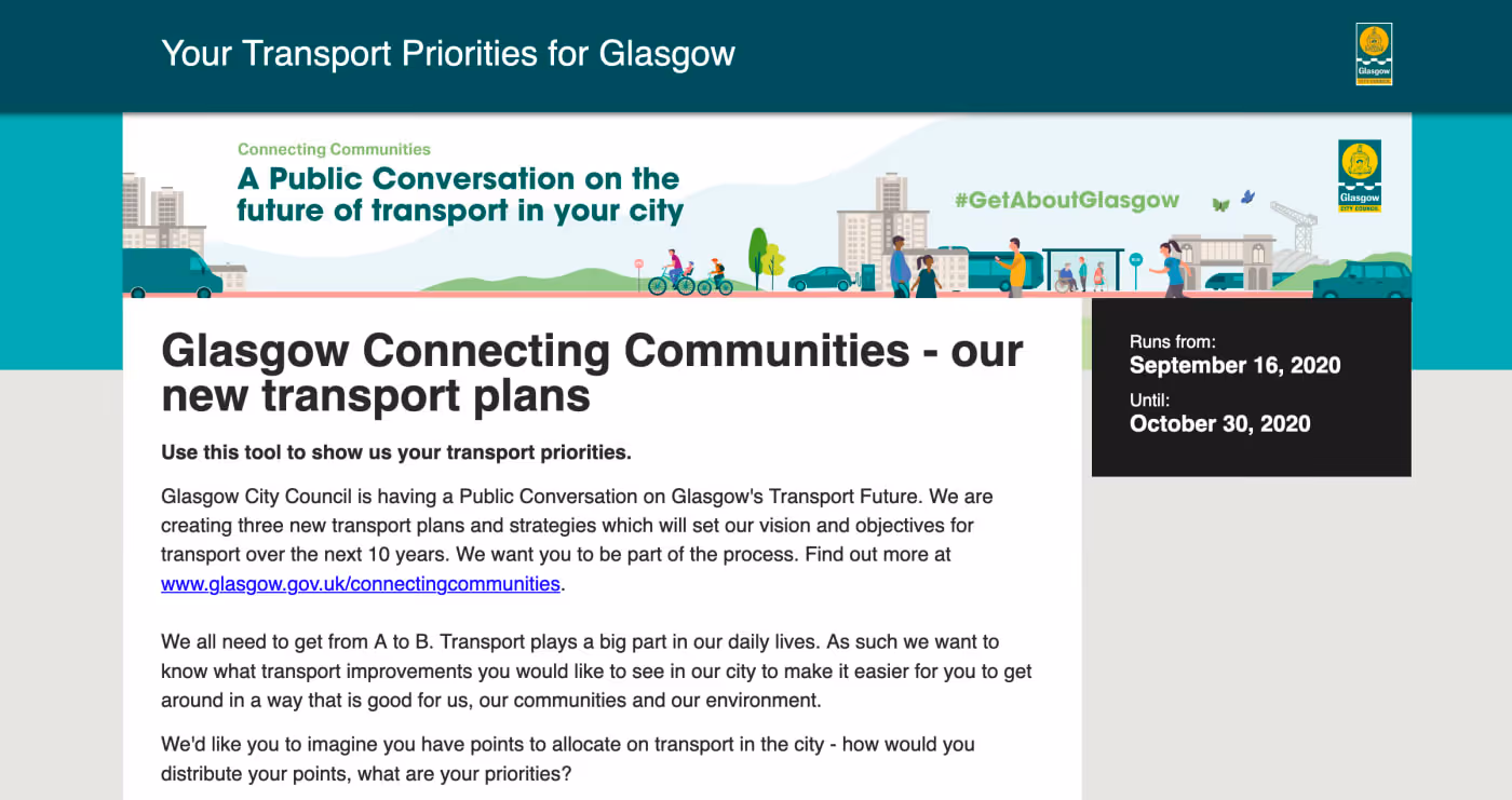 Glasgow City Council's Transport Simulator overview page, title 'Glasgow Connecting Communities - our new transport plans'