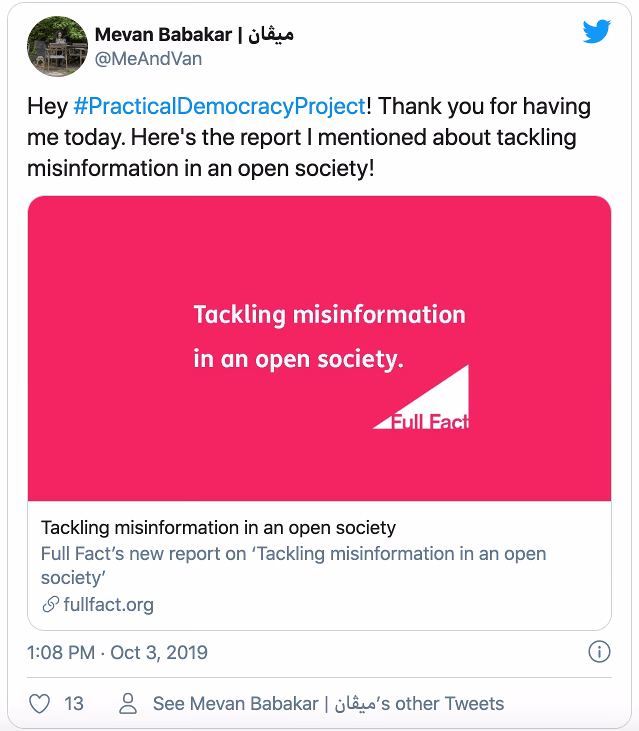 A tweet by Mevan Babakar with a screenshot saying 'tackling misinformation in an open society'