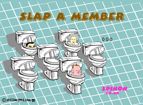 graphic of a group of toilets with cartoon heads popping out and the title 'slap a member'
