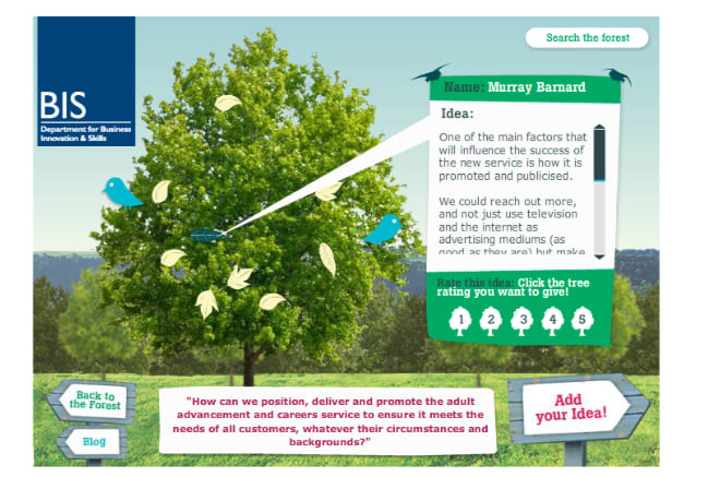 screenshot on BIS website showing a tree and where participants can add their ideas