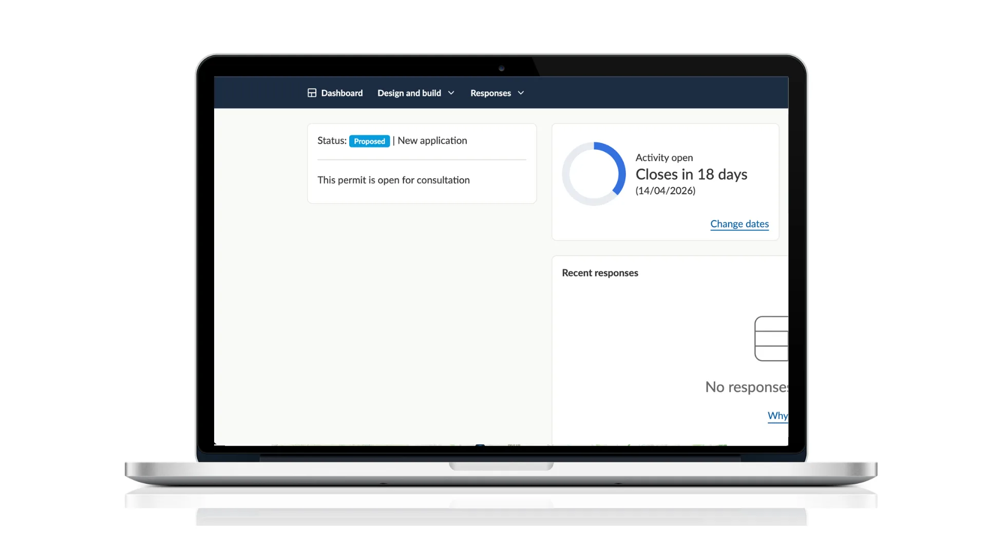 A screen showing the Citizen Space dashboard with a focus on  module that says 'this permit is open for consultation'