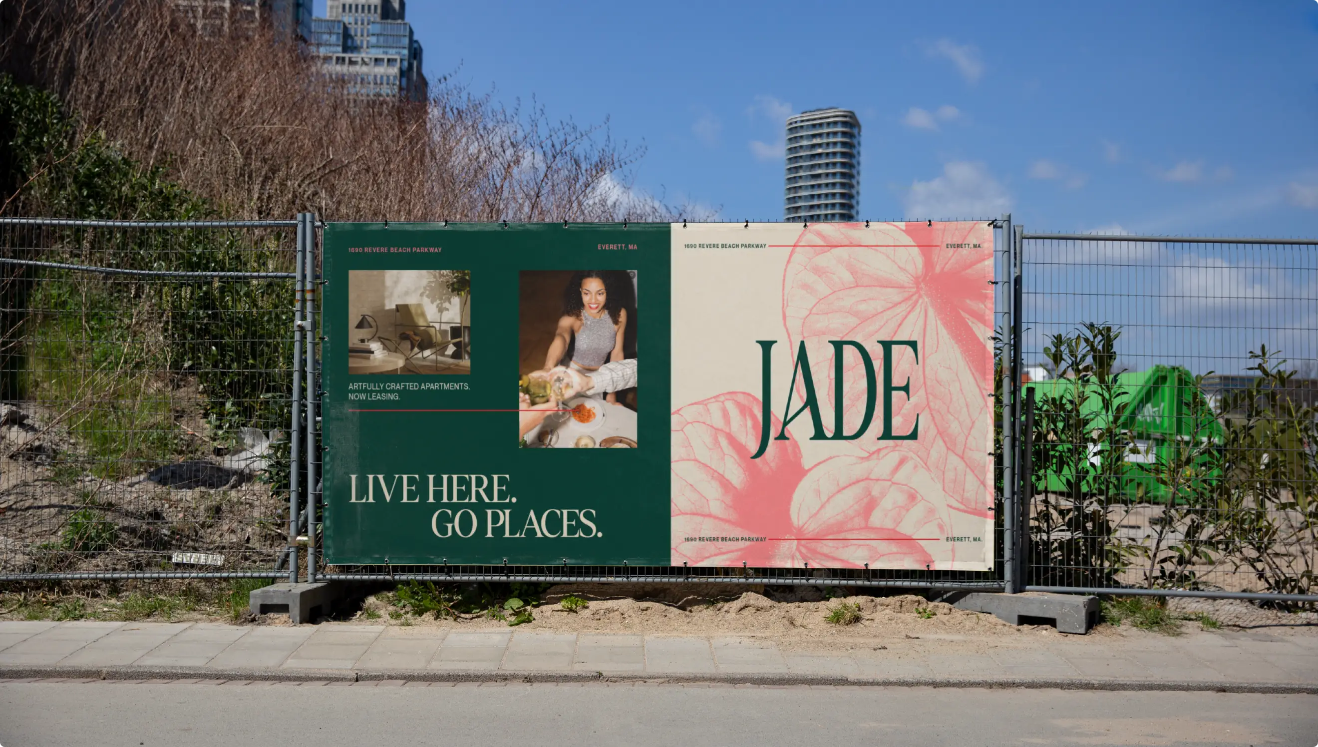 Fence scrim and street level signage. A part of the commercial real estate brand identity system for "The Jade." Design by Colossus.