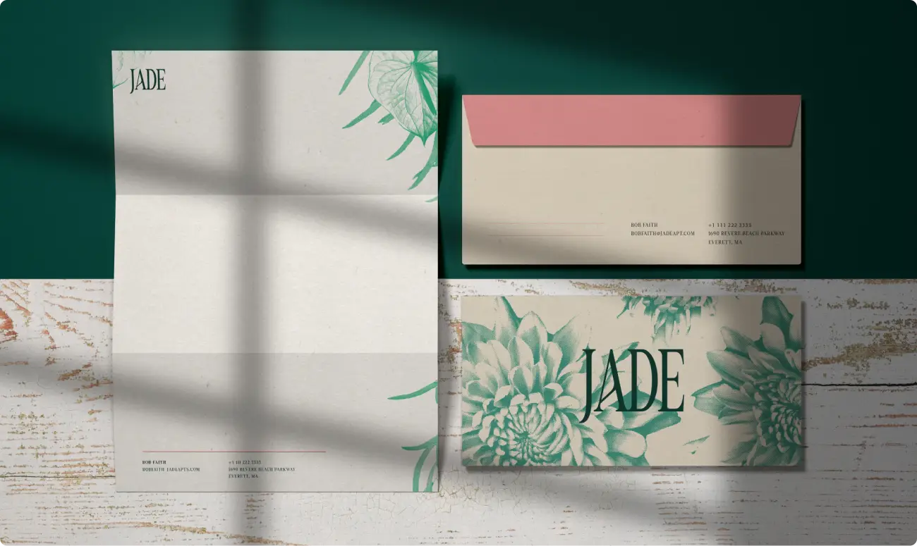 Business collateral with long, natural shadows. A part of the commercial real estate brand identity system for "The Jade." Design by Colossus.