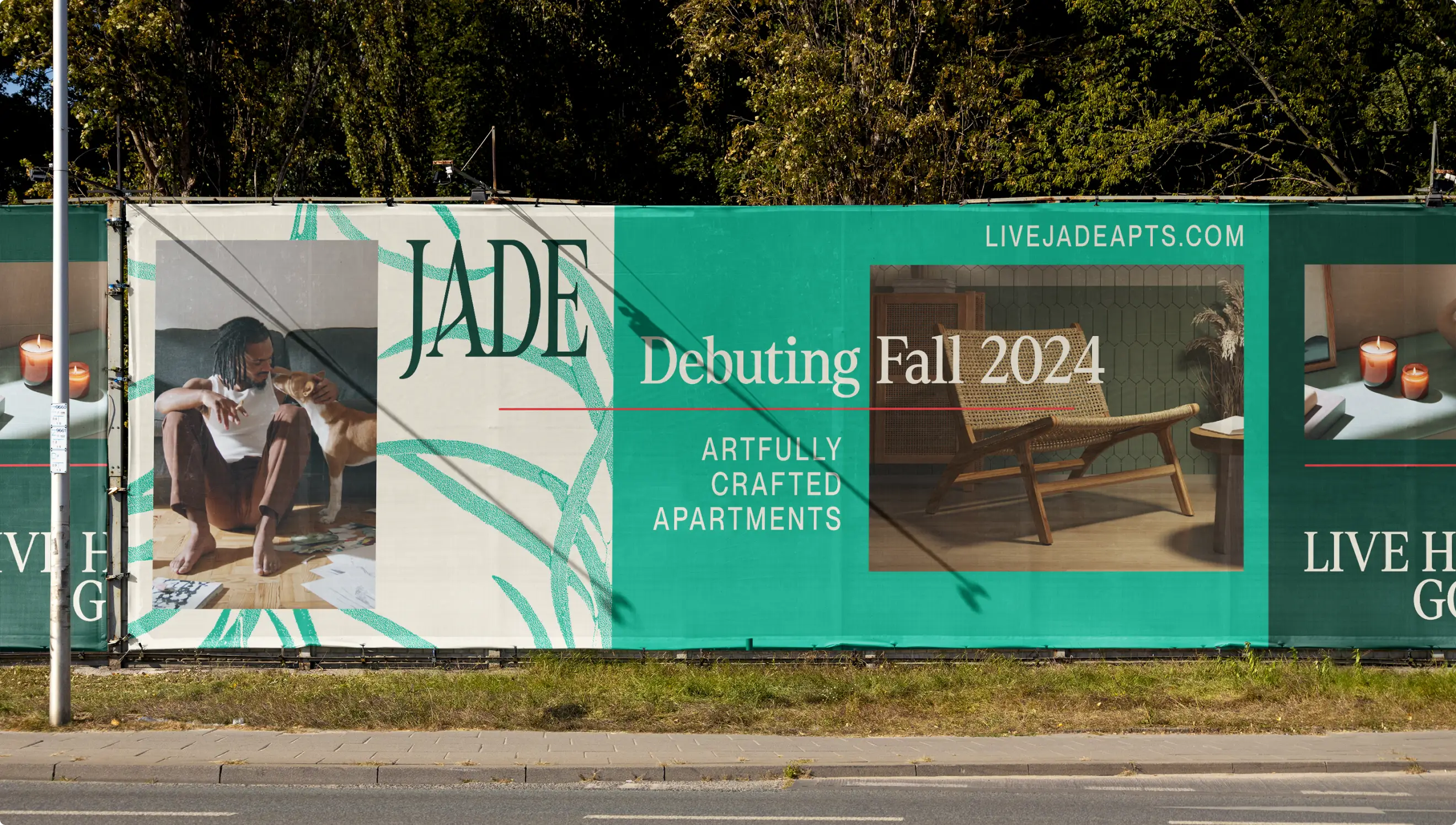 Fence scrim design. A part of the commercial real estate brand identity system for "The Jade." Design by Colossus.