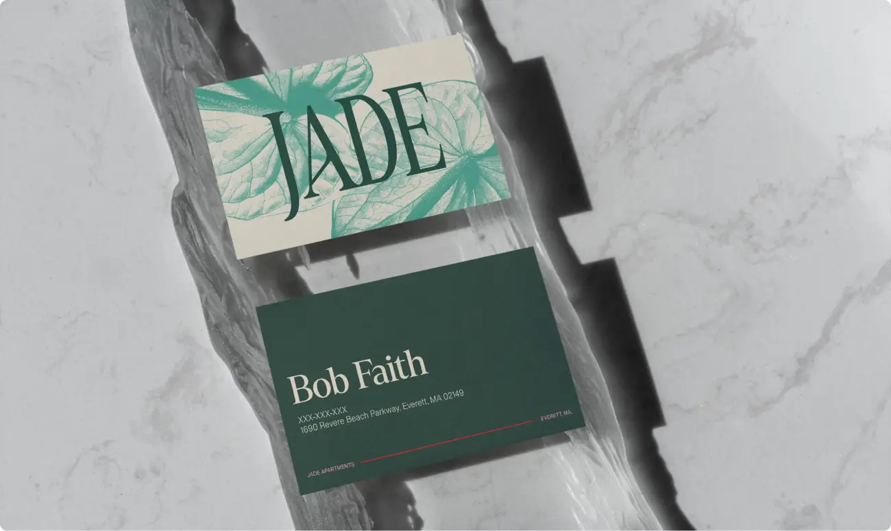 Business cards and collateral. A part of the commercial real estate brand identity system for "The Jade." Design by Colossus.