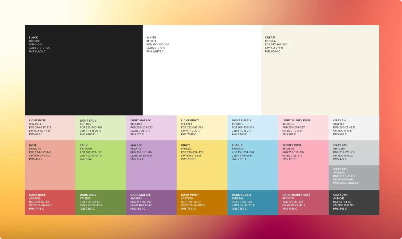 Color palette and monochromatic color codes. A part of the new brand identity system created by Colossus for Archer Roose Wines.