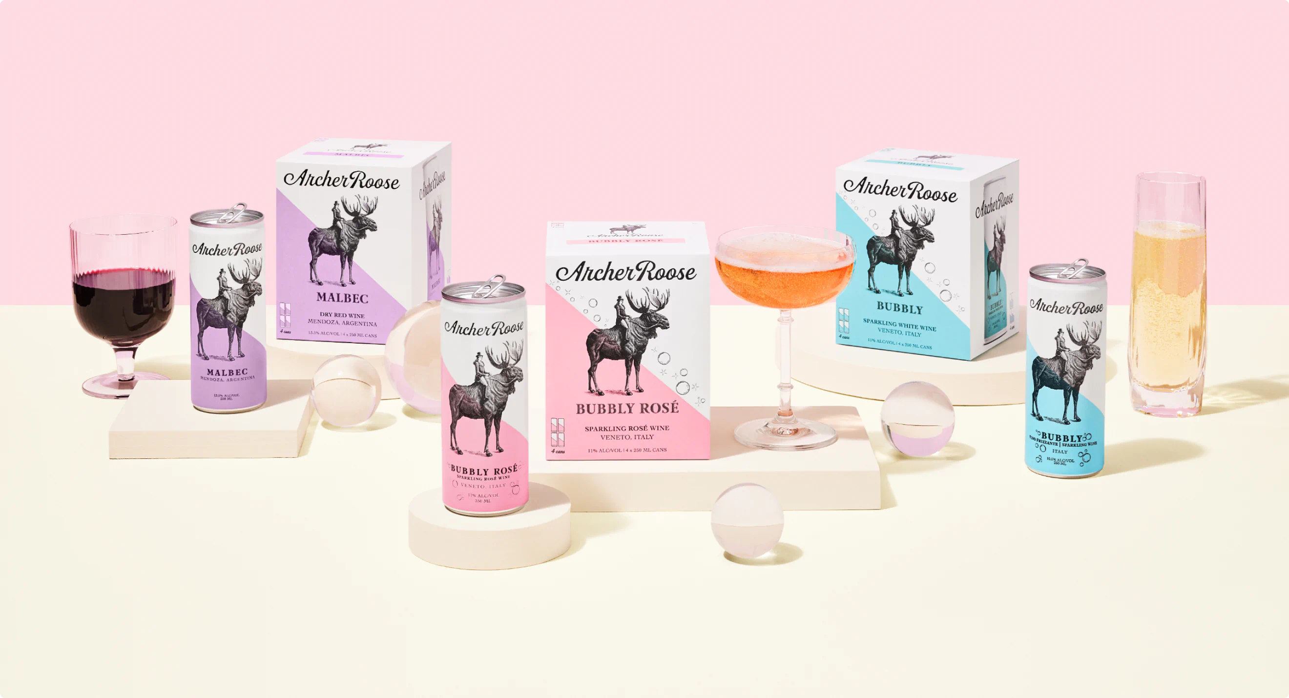 Family of wine varietals with glass orbs. A part of the new brand identity system created by Colossus for Archer Roose Wines.