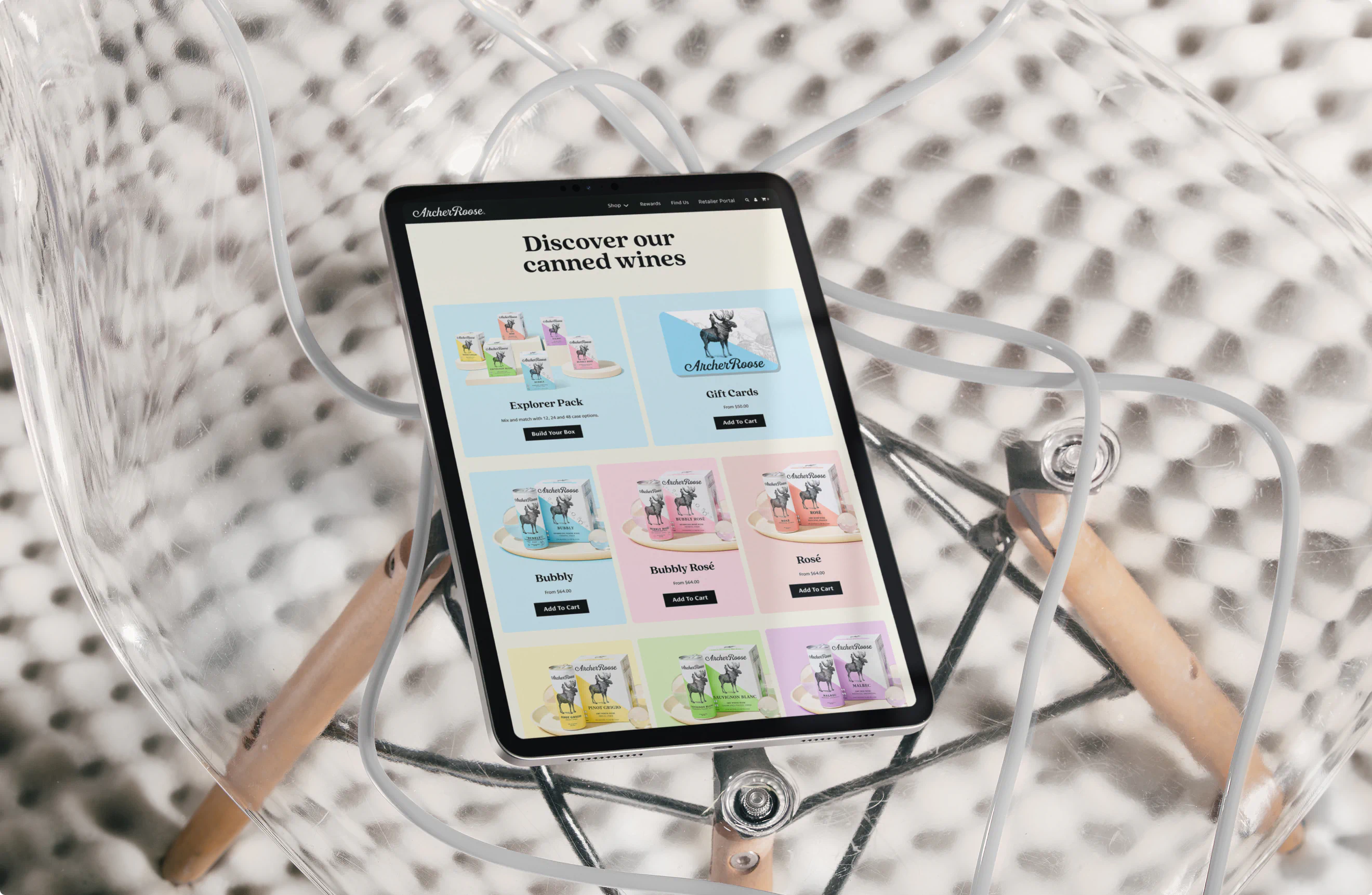 Tablet landing page. A part of the new brand identity system created by Colossus for Archer Roose Wines.