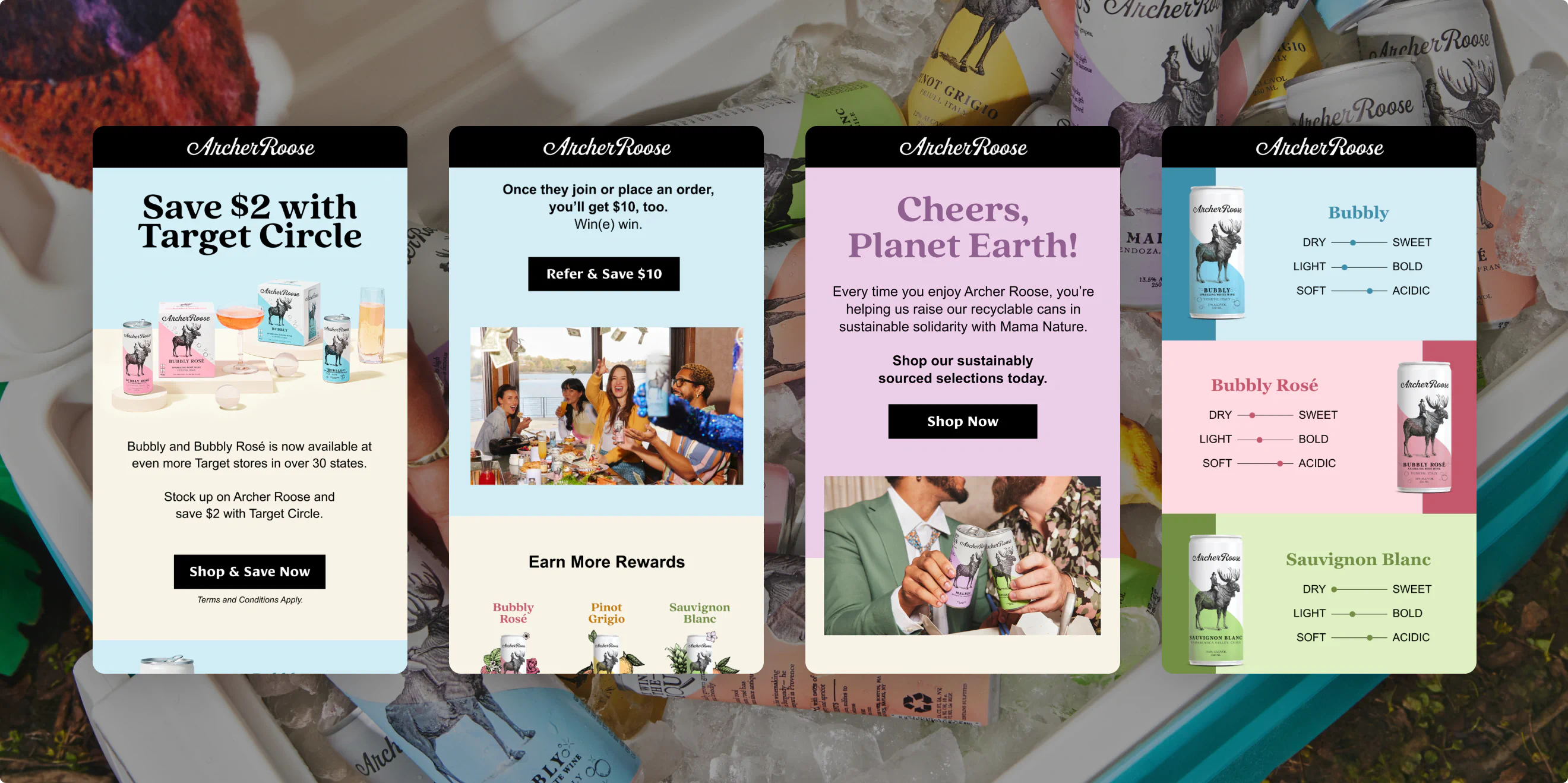 CRM emails. Promo codes. A part of the new brand identity system created by Colossus for Archer Roose Wines.