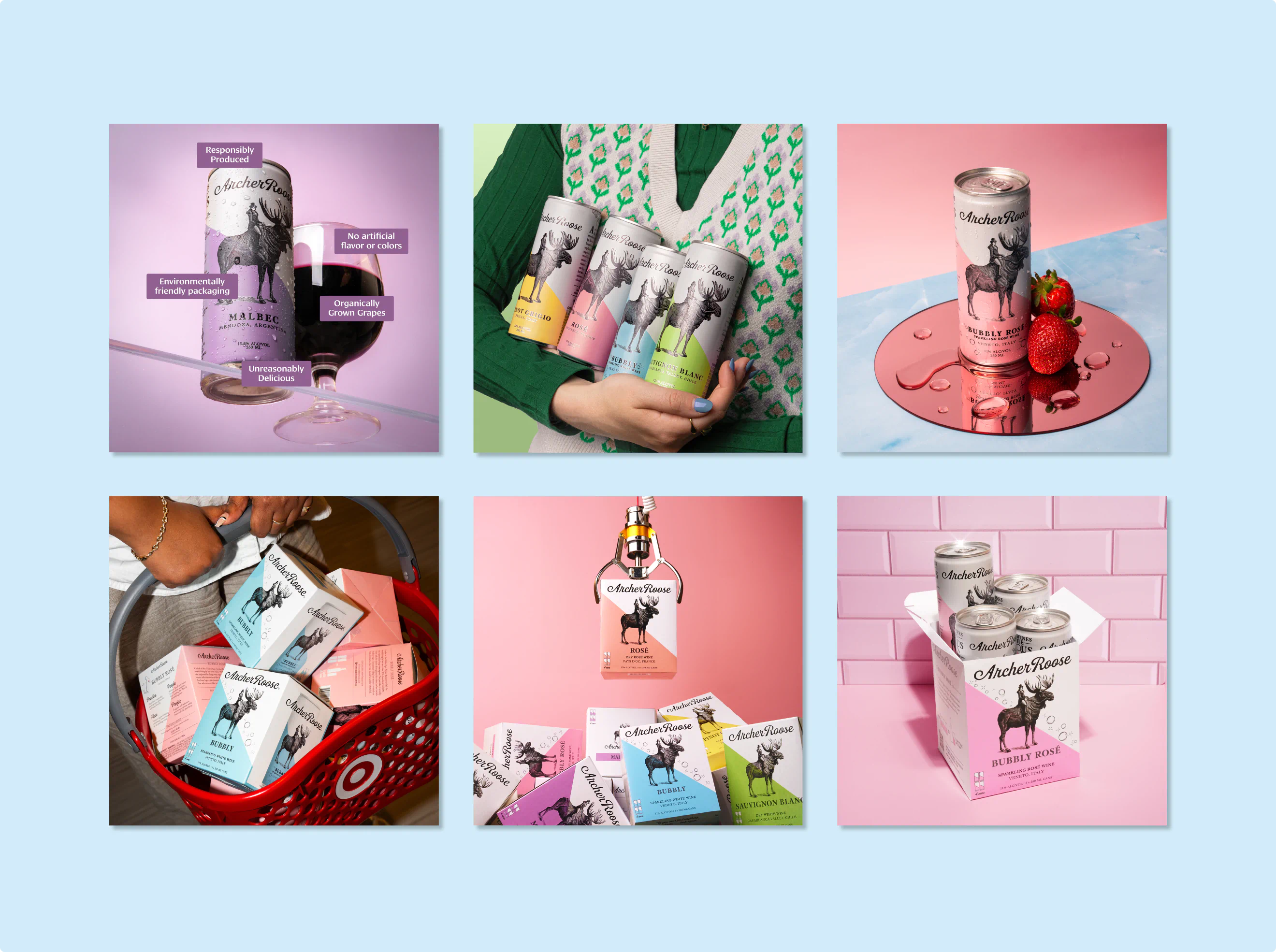 Grid of social posts and instagram visuals. Social content for Archer Roose developed by Colossus.