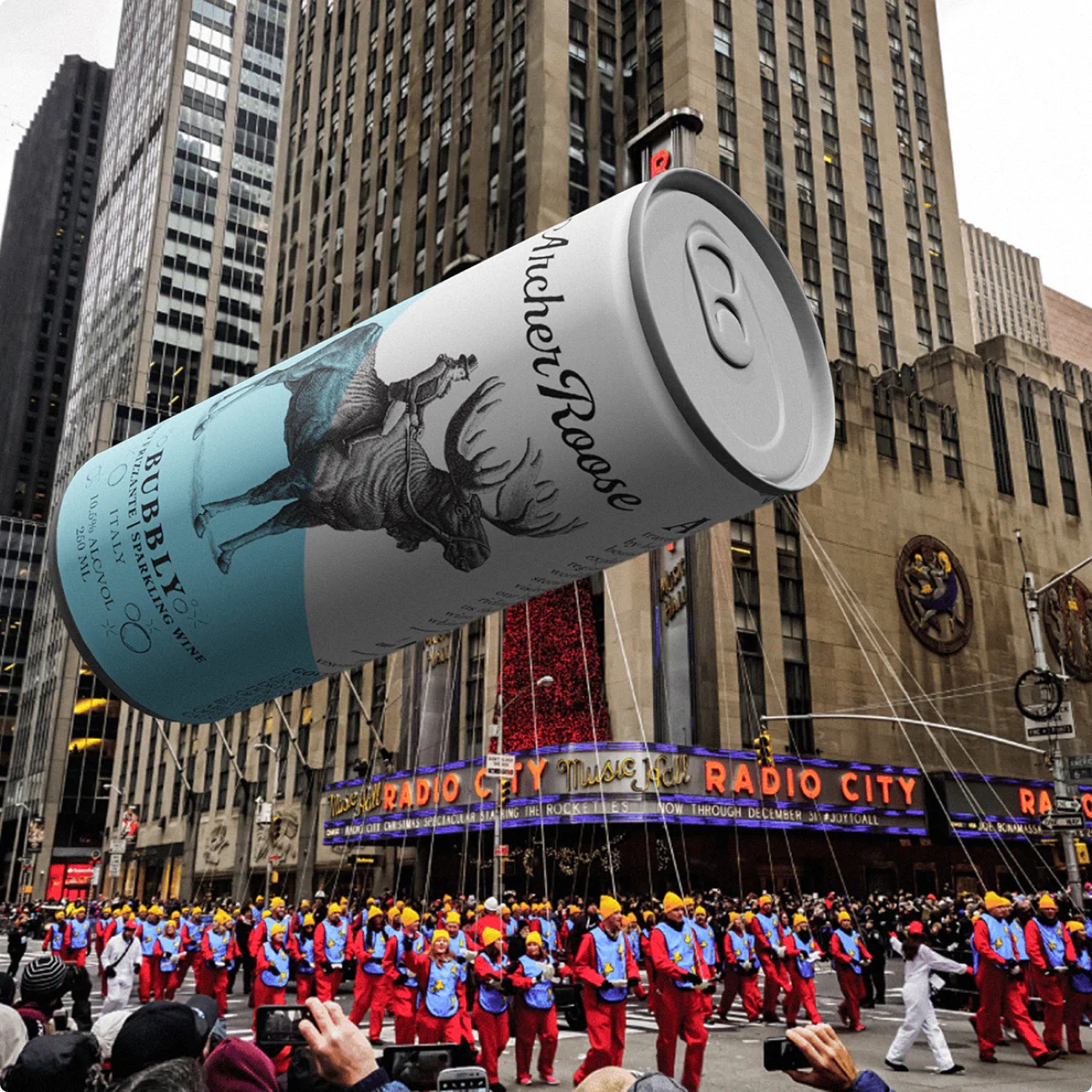 A massive floating wine can balloo at the Macy's Thanksgiving Day Parade. Social content for Archer Roose developed by Colossus.