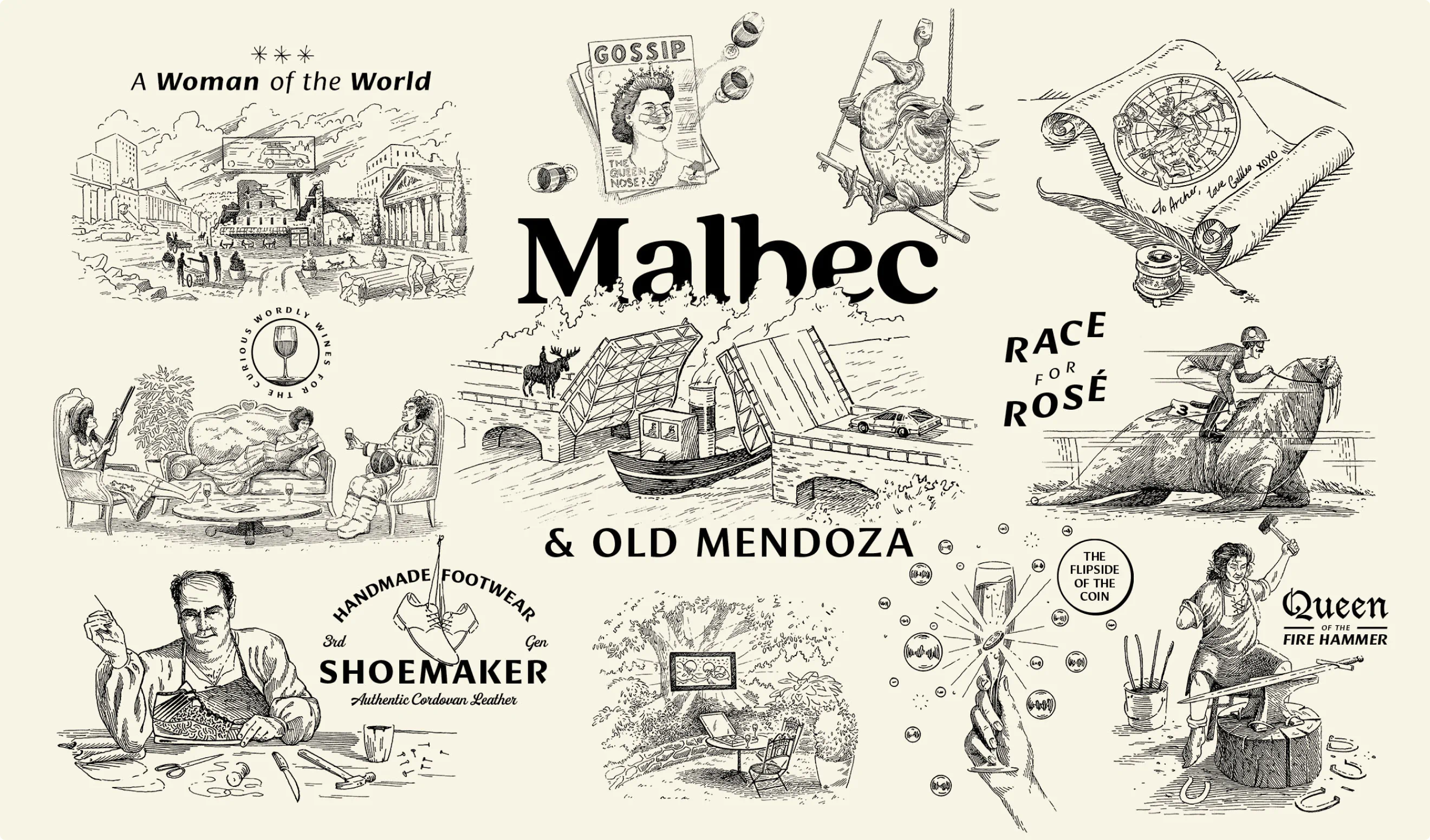 Malbec. Weird ass illustrations made by Nathan Yoder and Colossus for Archer Roose.